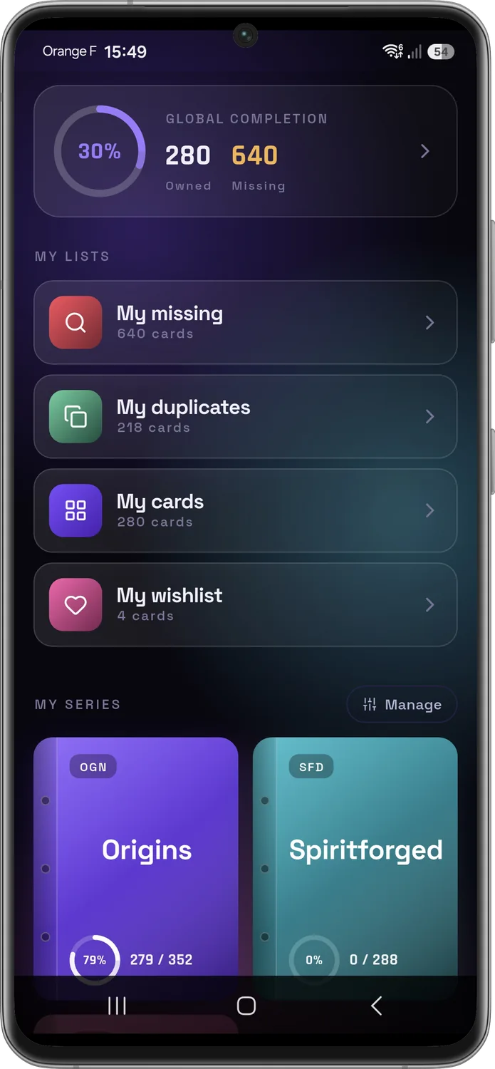 RiftCardex home: Riftbound collection progress and lists