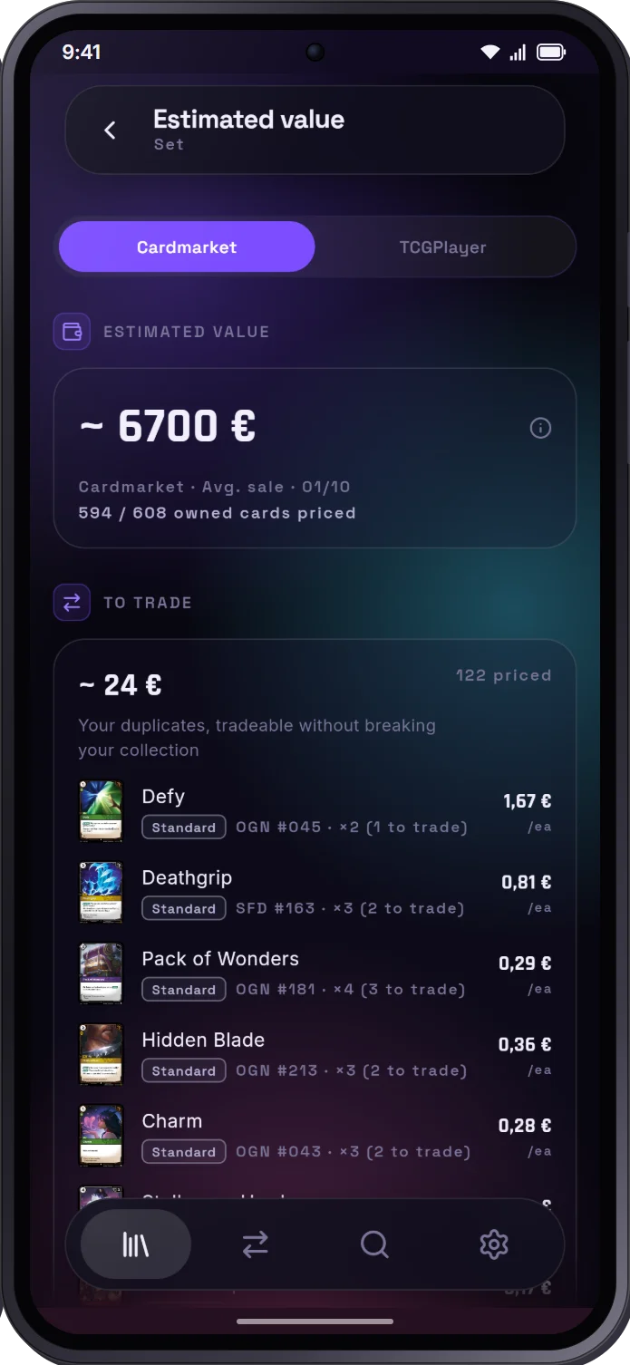 Estimated value of a Riftbound collection and its duplicates, Cardmarket prices